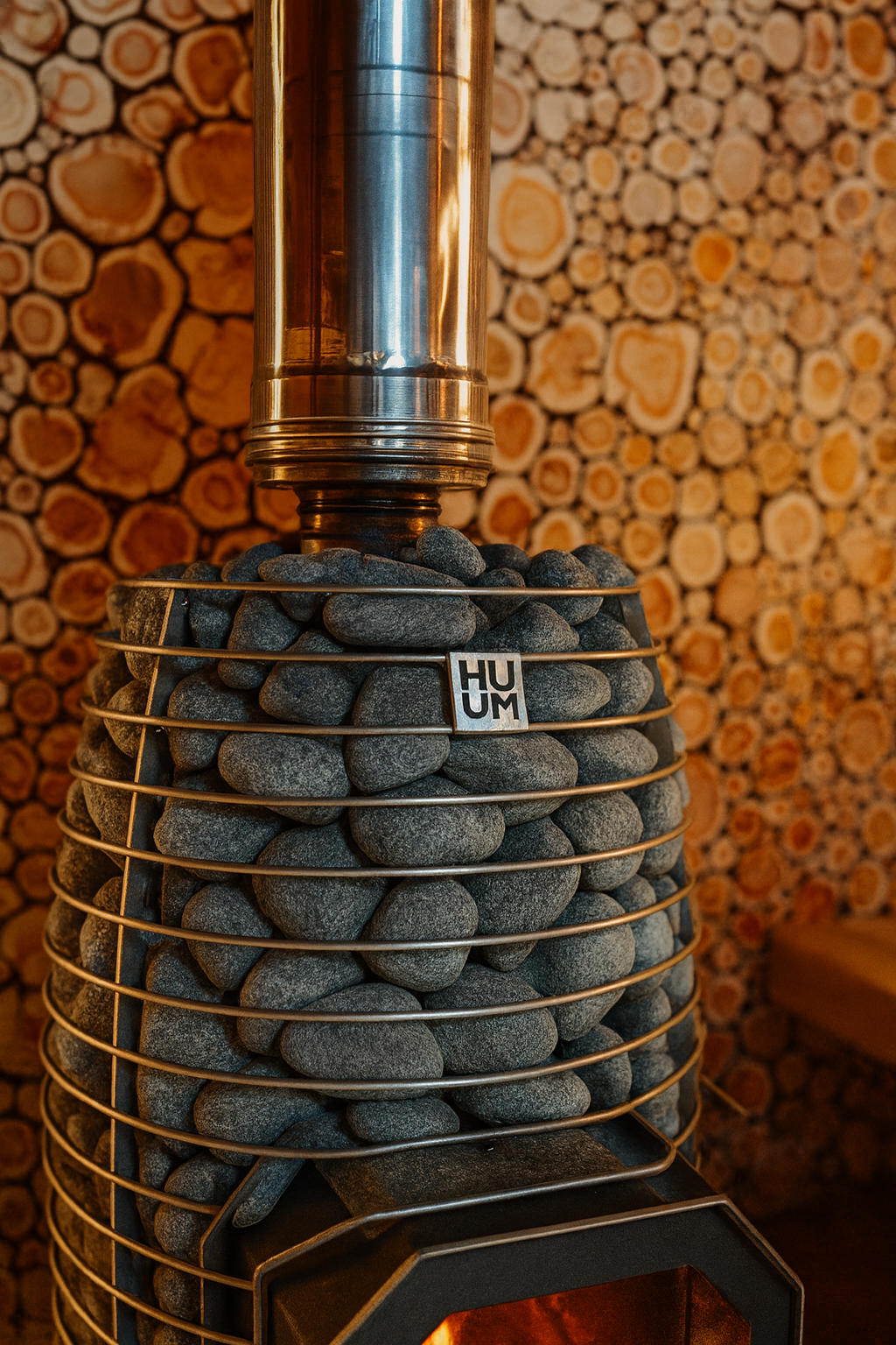 HUUM 8.5kW sauna heater package with stacked sauna stones inside a wooden sauna room