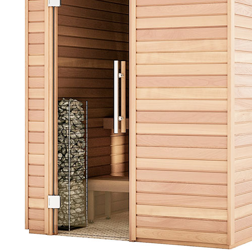 HUUM CLIFF Mini electric sauna heater installed inside wooden sauna room with glass door