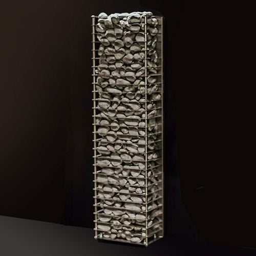 HUUM CLIFF Mini electric sauna heater with stacked sauna stones in a tall metal frame