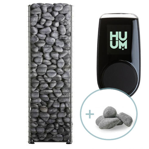 HUUM compact sauna heater kit with vertical stone container and digital control panel