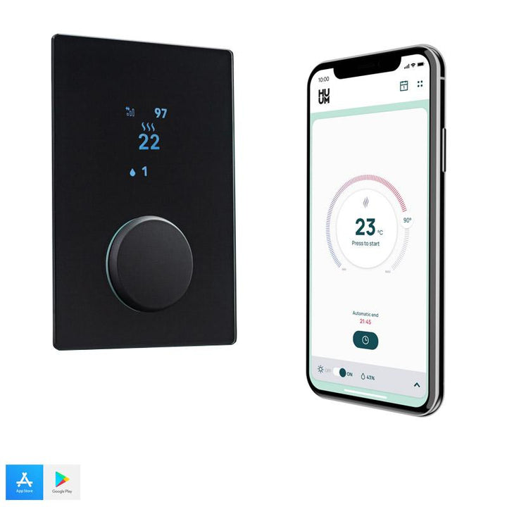 HUUM digital sauna control panel with black dial and smartphone app temperature display