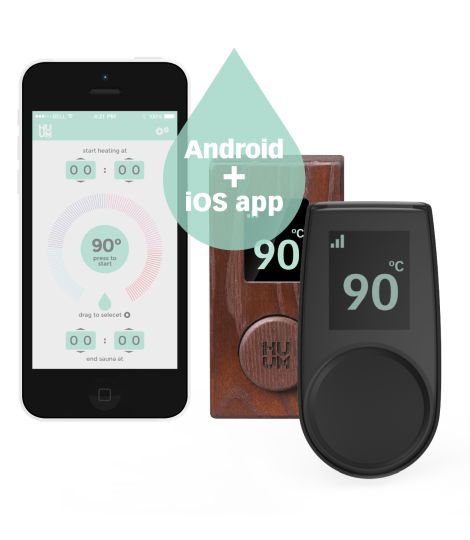 HUUM digital sauna control panel with smartphone app interface for Android and iOS devices