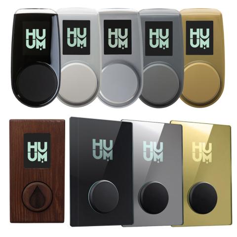 HUUM DROP 7.5kW sauna heater models in black, silver, gray, gold, wood, and glass finishes
