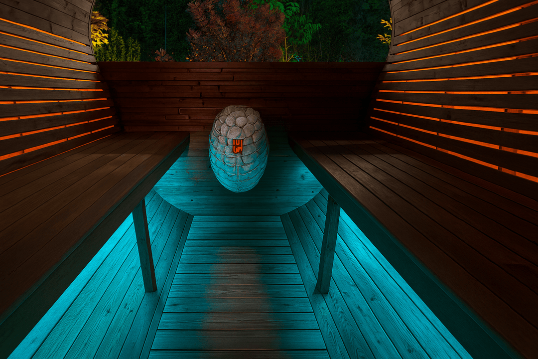 Stylish HUUM DROP sauna heater installed in a modern sauna with ambient lighting and wooden benches