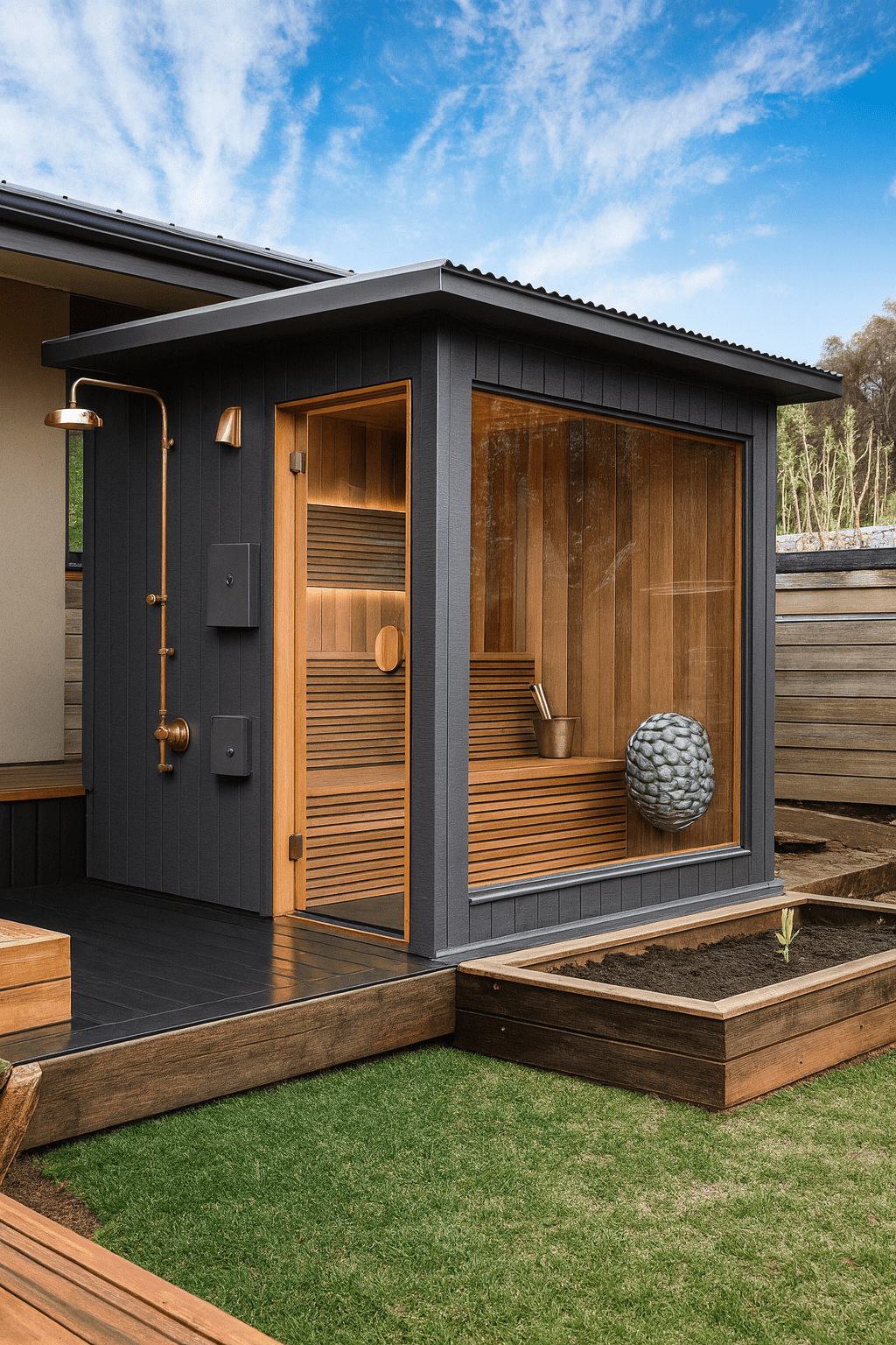 Modern outdoor sauna featuring HUUM DROP sauna heater and natural wooden interior design