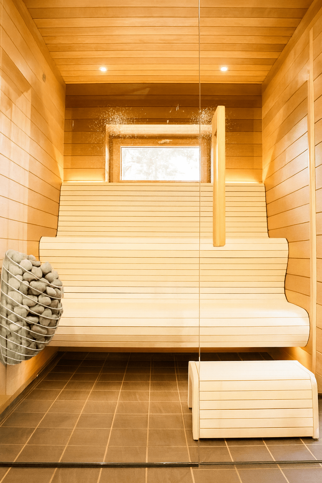HUUM DROP sauna heater installed in a modern wooden sauna with sleek benches and lighting