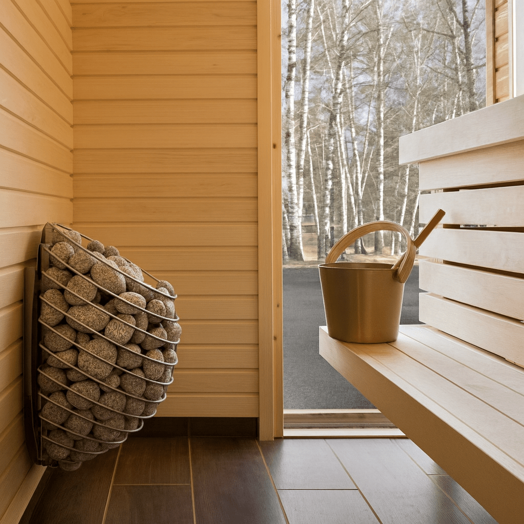 HUUM DROP sauna heater with stone design installed in a wooden sauna interior