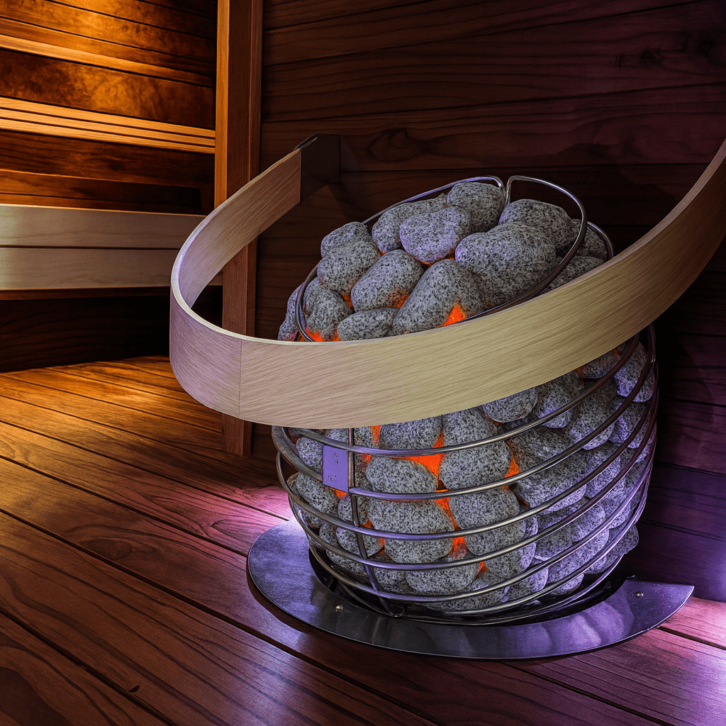 HUUM DROP sauna heater with natural stones and wooden accents in a modern sauna setting