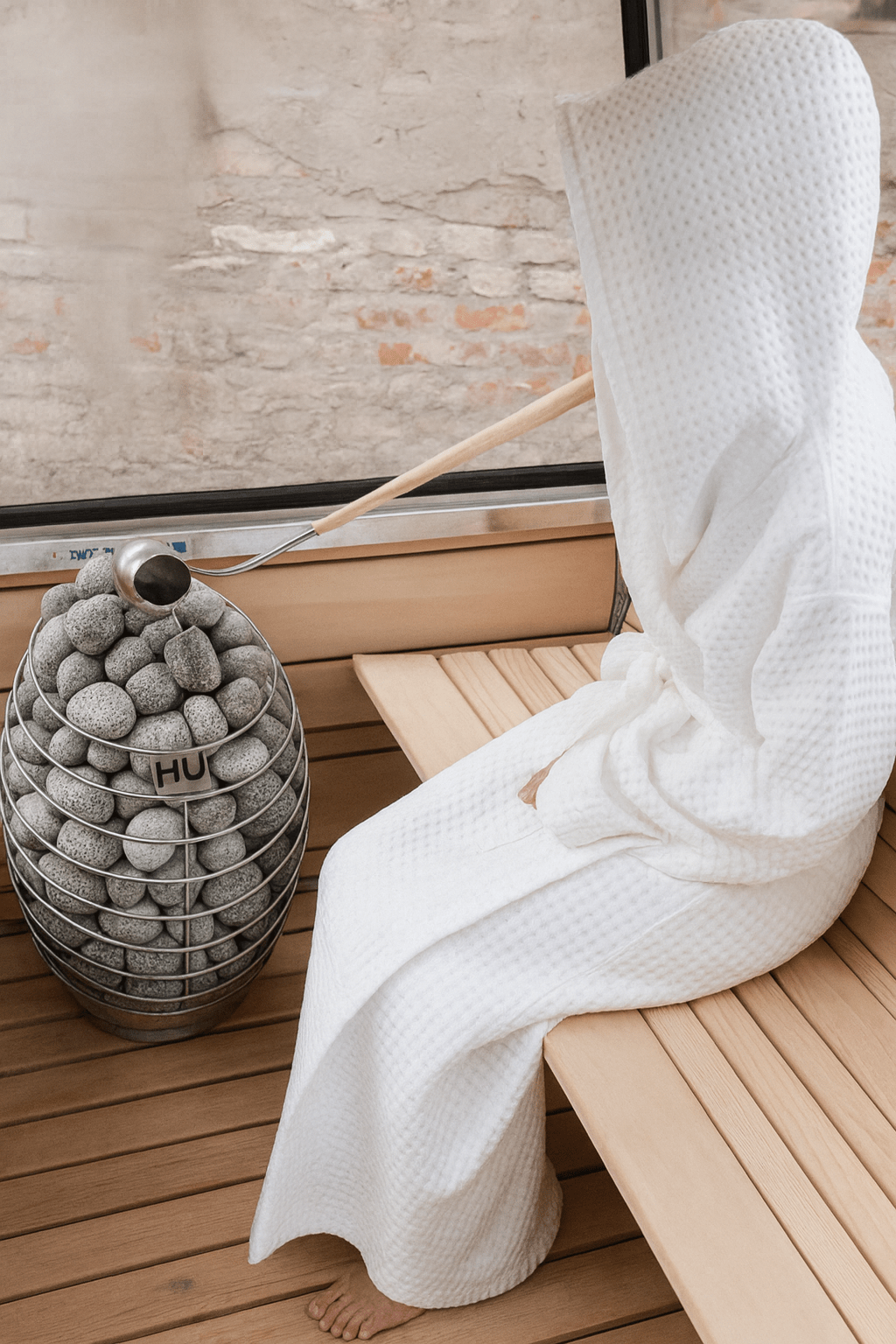 Person in a white robe relaxing near the HUUM DROP sauna heater with a stone arrangement