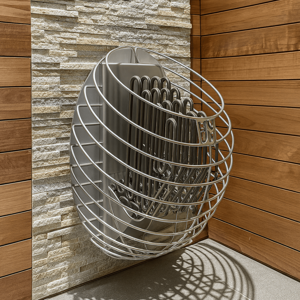 Stylish HUUM DROP sauna heater mounted on wooden wall, designed for efficient heat distribution