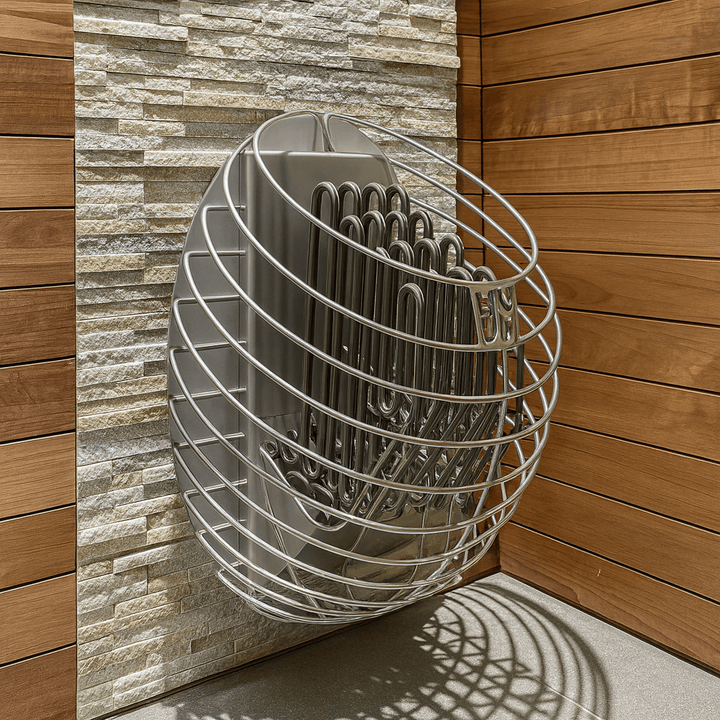 Stylish HUUM DROP sauna heater mounted on wooden wall, designed for efficient heat distribution