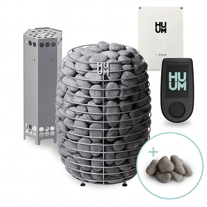 HUUM HIVE 15kW sauna heater with stone basket, control unit, and additional sauna stones