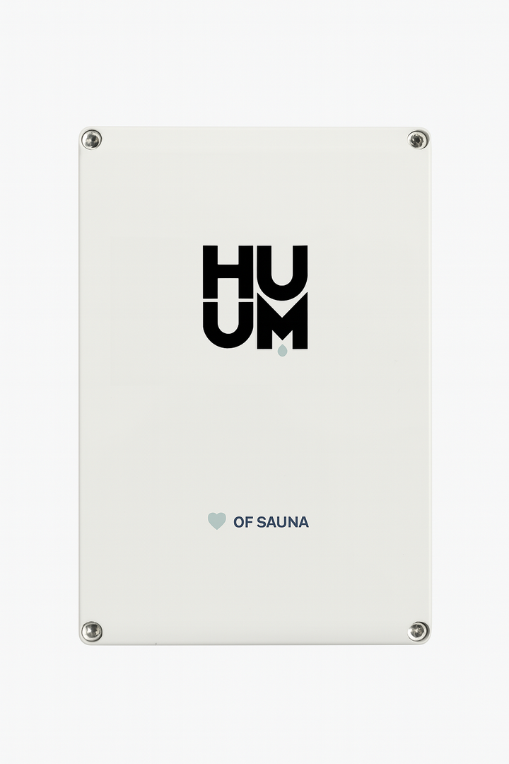 White control unit panel for HUUM HIVE 15kW sauna heater with black HUUM logo