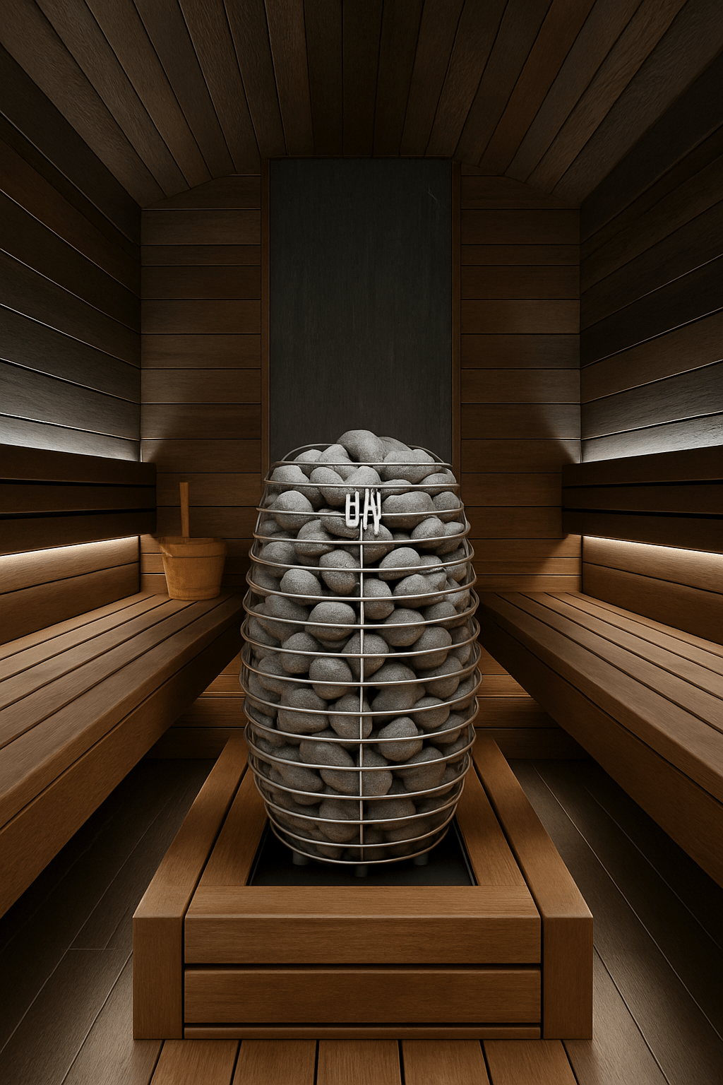HUUM HIVE electric sauna heater featuring a sleek design with stone and wood finishes in a sauna interior