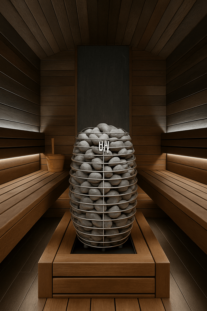 HUUM HIVE electric sauna heater featuring a sleek design with stone and wood finishes in a sauna interior
