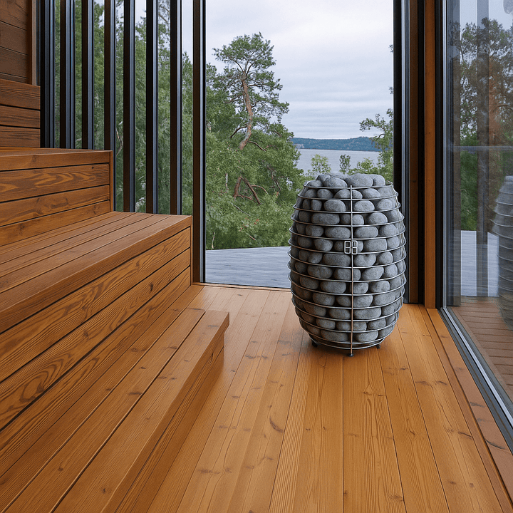 HUUM HIVE electric sauna heater surrounded by wooden sauna interior and large windows