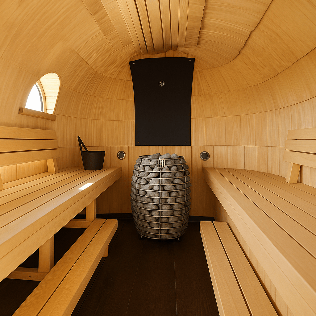 HUUM HIVE electric sauna heater in a wooden sauna with benches and a bucket