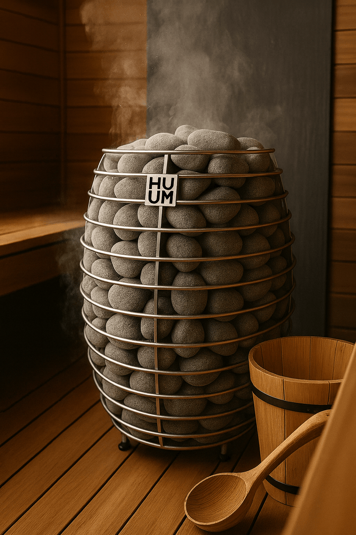 HUUM HIVE electric sauna heater with steam rising and stacked stones in a wooden sauna interior