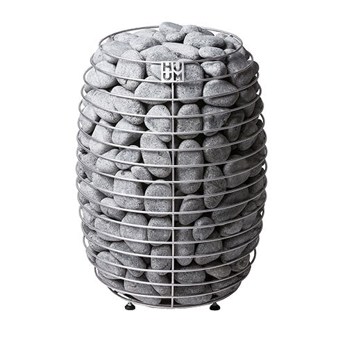 HUUM HIVE electric sauna heater with metal frame filled with sauna stones in modern design