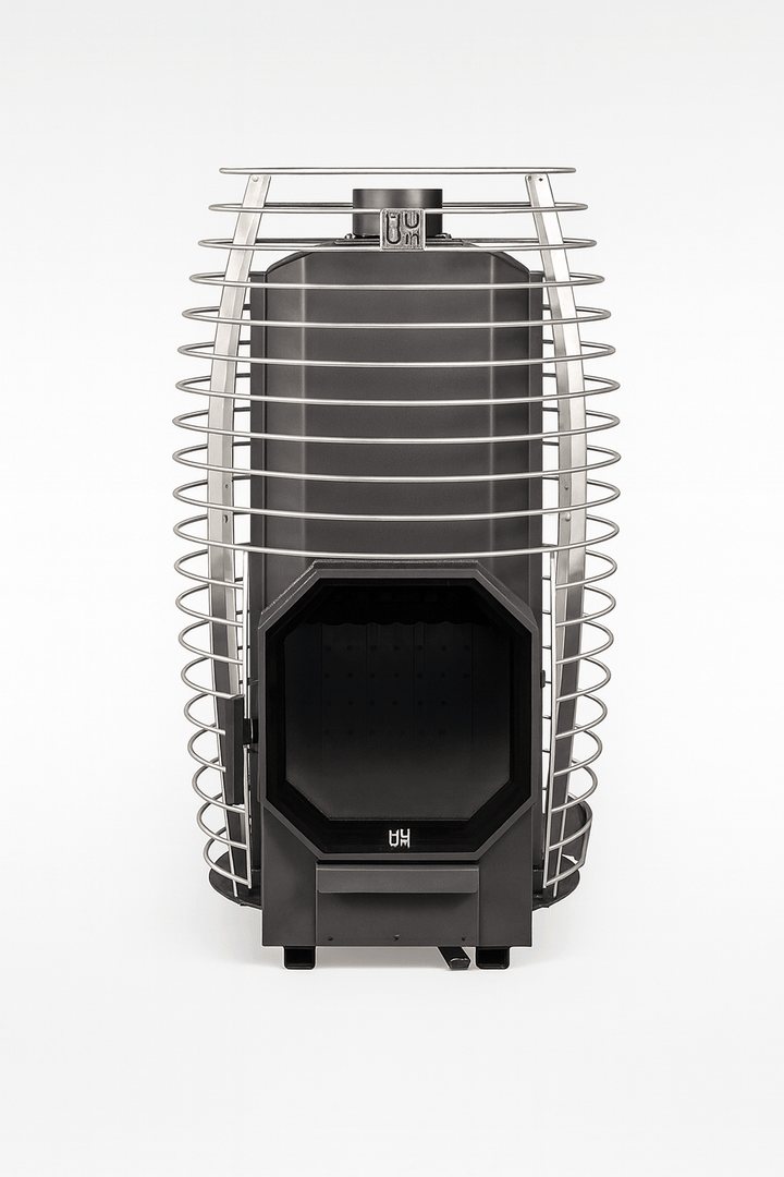 HUUM HIVE Flow Mini sauna heater with sleek design and stainless steel protective casing