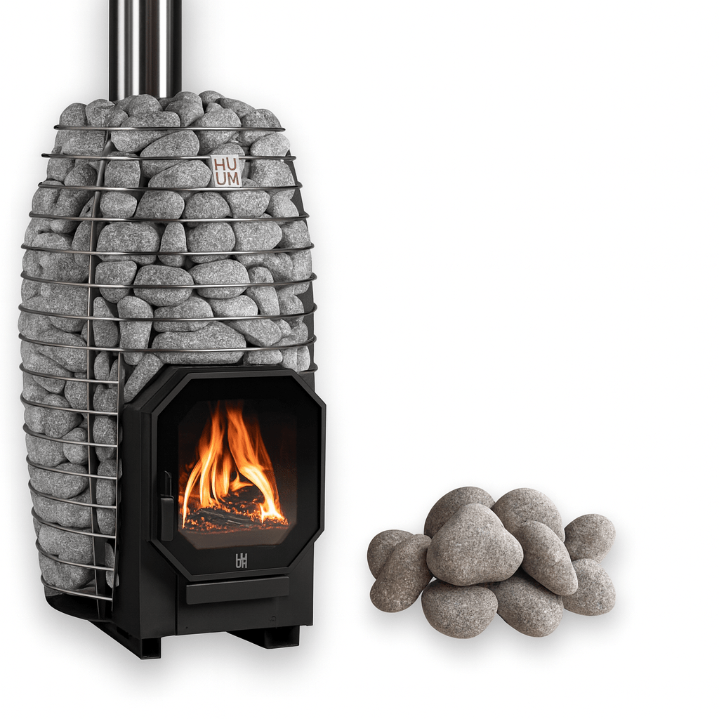 HUUM HIVE Flow Mini sauna heater featuring a stone design with a cozy fire display and accompanying sauna stones