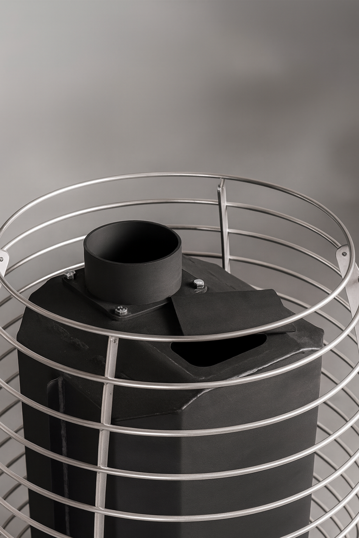 HUUM HIVE Flow Series sauna heater with protective metal cage in black and silver finish