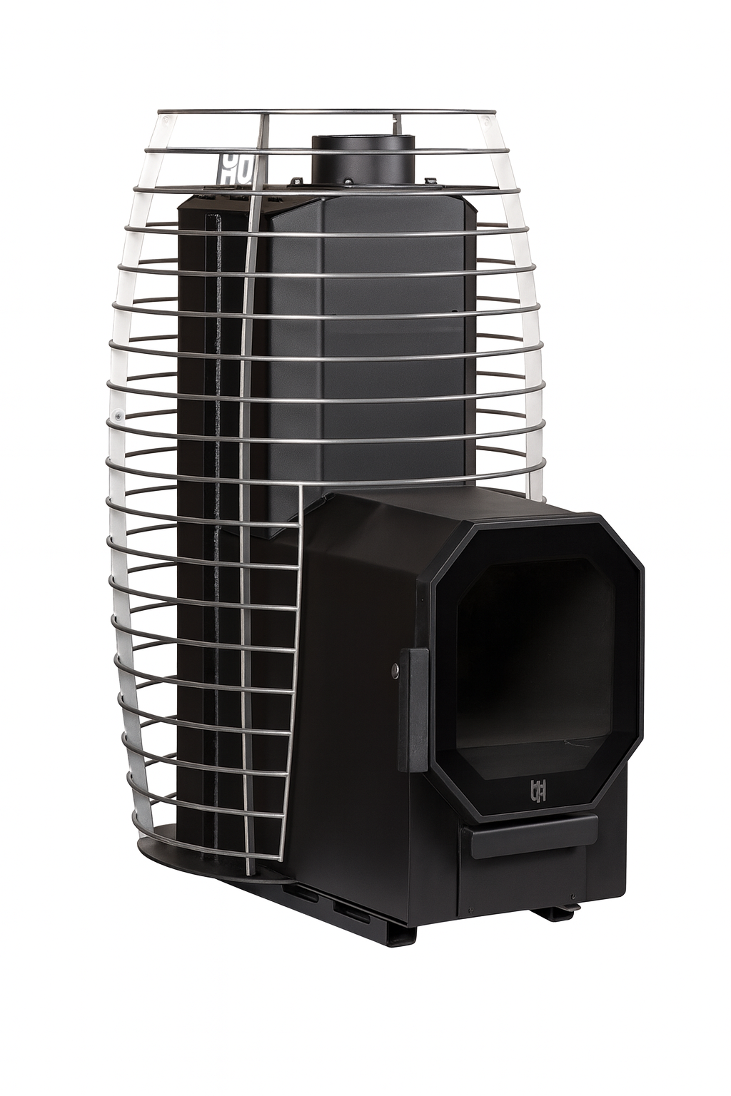 HUUM HIVE Flow Series sauna heater with sleek black body and protective metal cage design