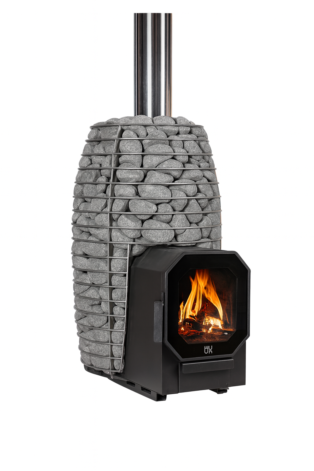 HUUM HIVE Flow Series sauna heater with stone casing and visible fire inside black stove