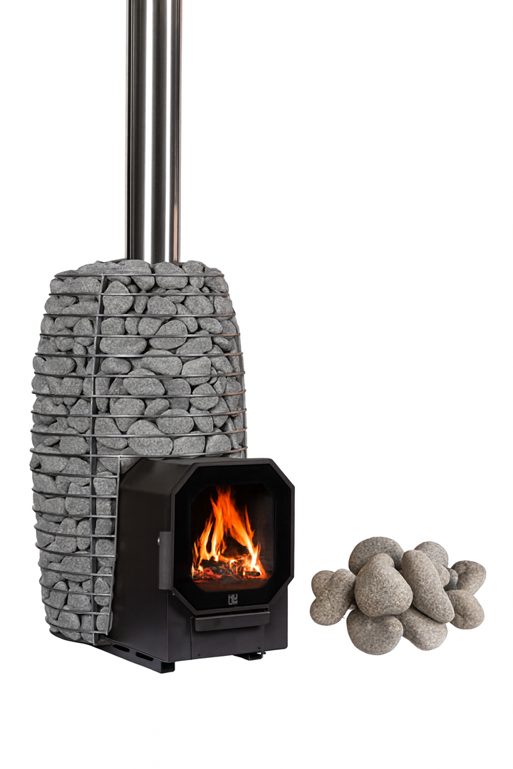 HUUM HIVE Flow Series sauna heater with visible fire and stones designed for efficient sauna heating