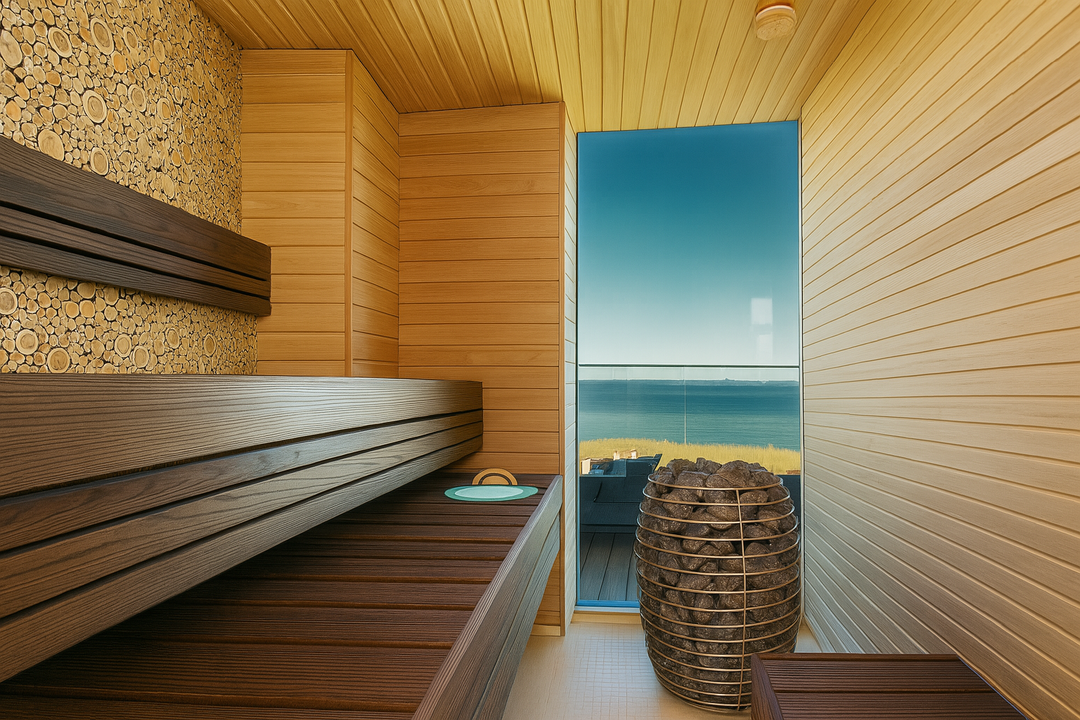 HUUM HIVE Mini sauna heater with stones inside a modern wooden sauna overlooking the sea