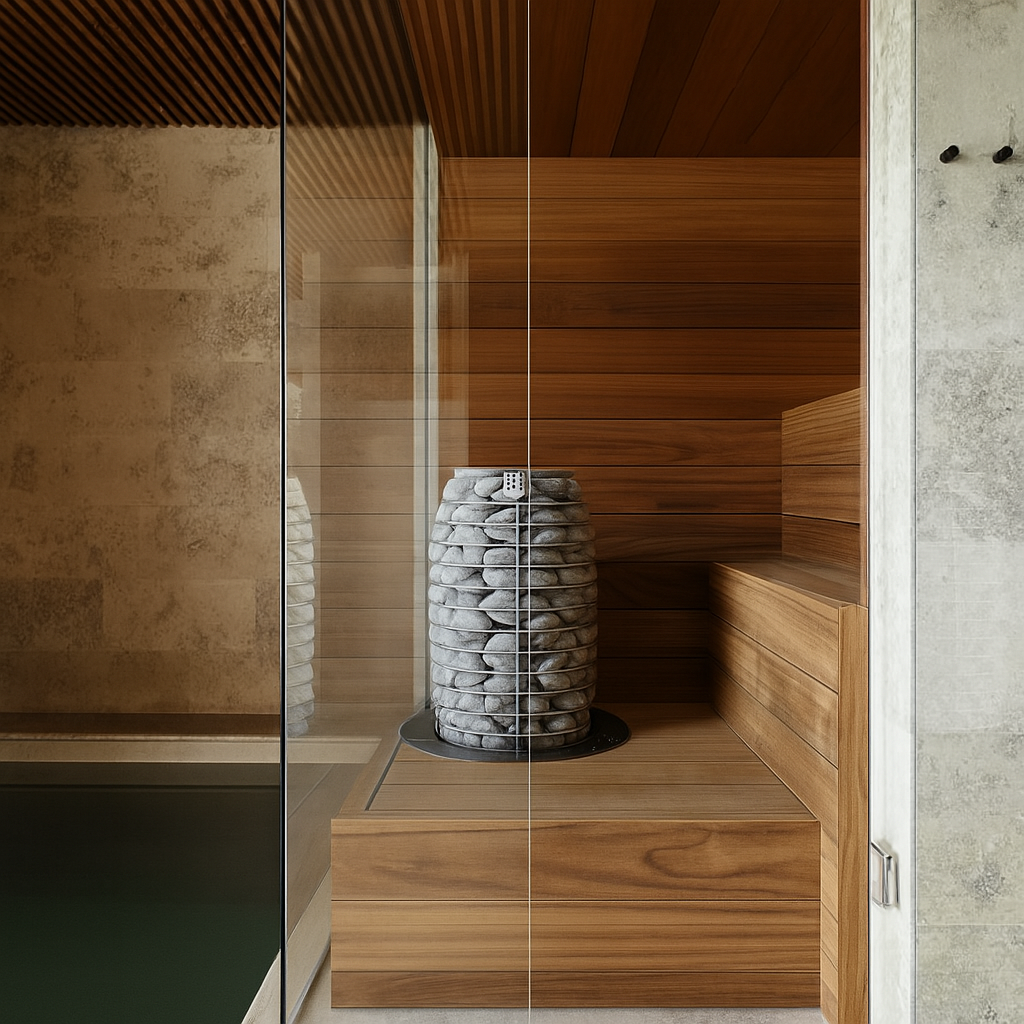 HUUM HIVE Mini sauna heater with stacked sauna stones inside modern wooden sauna room
