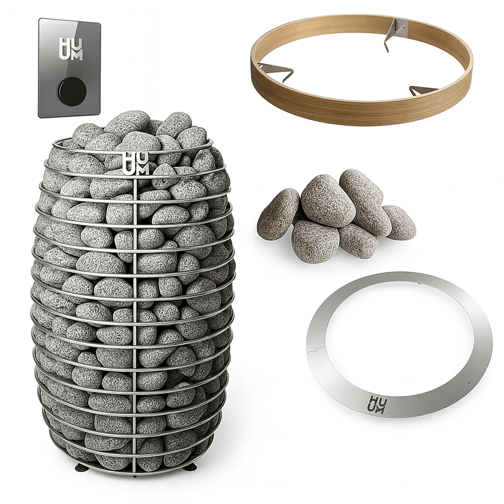 HUUM HIVE Mini sauna heater package with stones, metal frame, and wall control panel for compact saunas