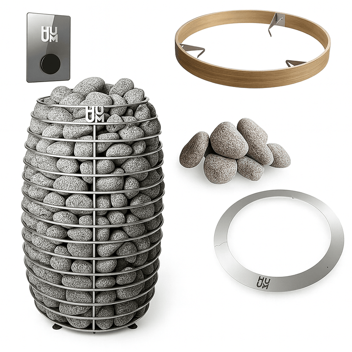 HUUM HIVE Mini sauna heater package with stones, metal frame, and wall control panel for compact saunas