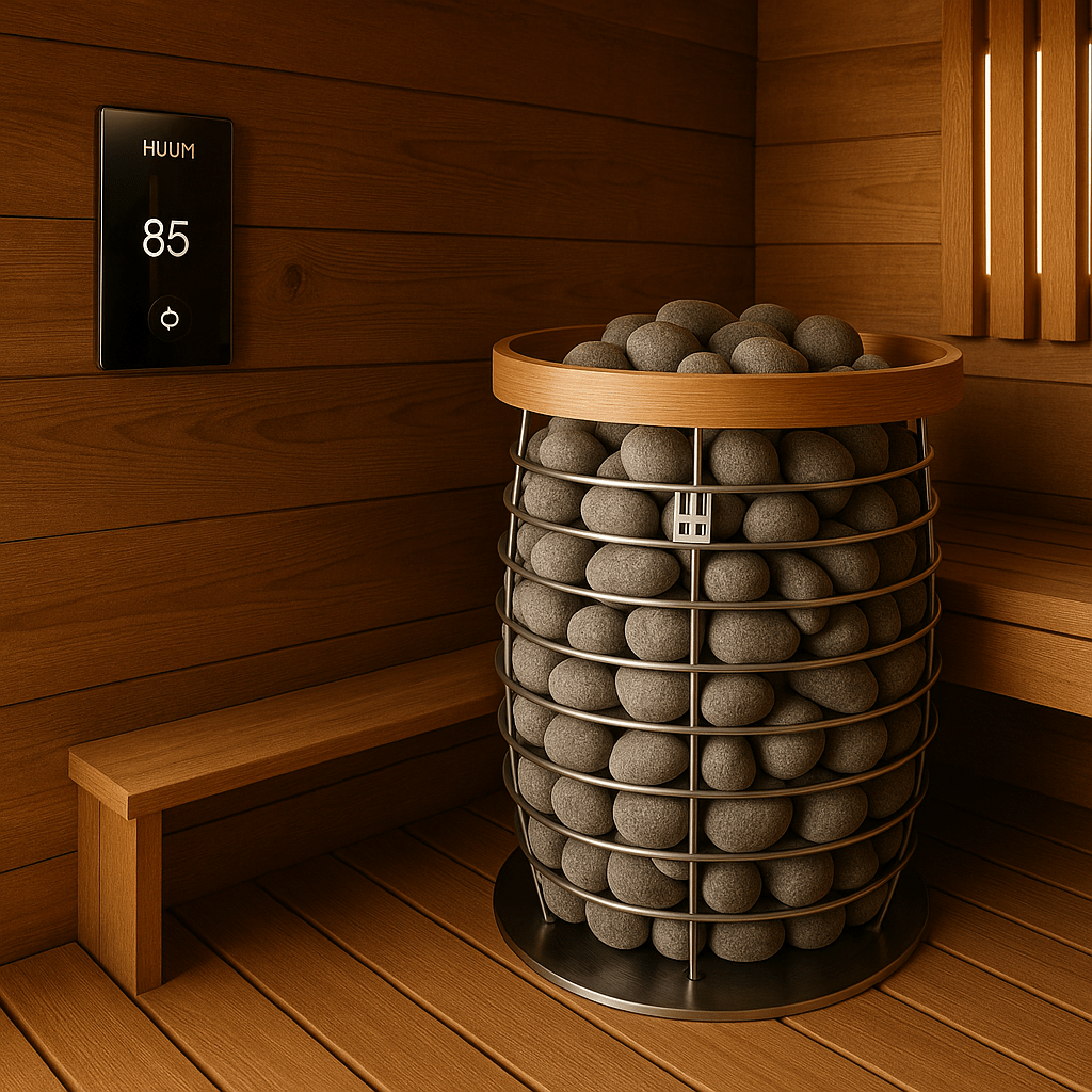 HUUM HIVE Mini sauna heater package with stylish stones and control panel in a wooden sauna interior