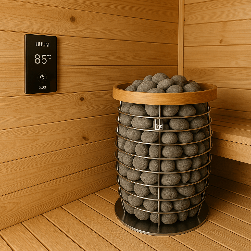 HUUM HIVE Mini sauna heater package with stacked stones and temperature control display in a wooden sauna