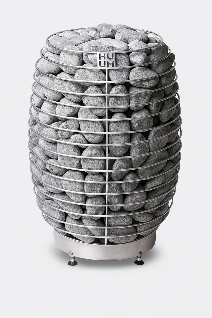 HUUM HIVE sauna heater 15kW with modern metal cage filled with sauna stones for even heat distribution