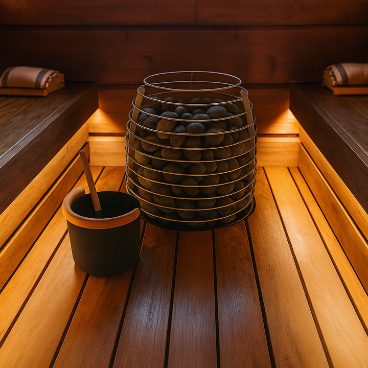 HUUM HIVE sauna heater 15kW with sauna stones inside a wooden sauna room