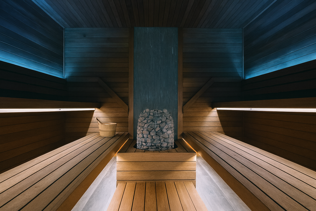 HUUM HIVE sauna heater 15kW installed in a modern wooden sauna room with ambient lighting