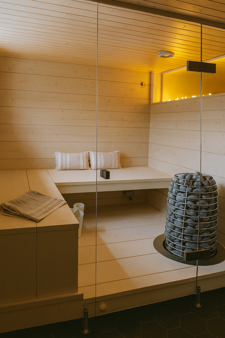 HUUM HIVE sauna heater 15kW inside a modern wooden sauna room with glass door and bench