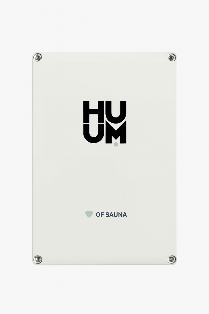 HUUM HIVE sauna heater logo plaque with modern design and polished finish for sauna enthusiasts