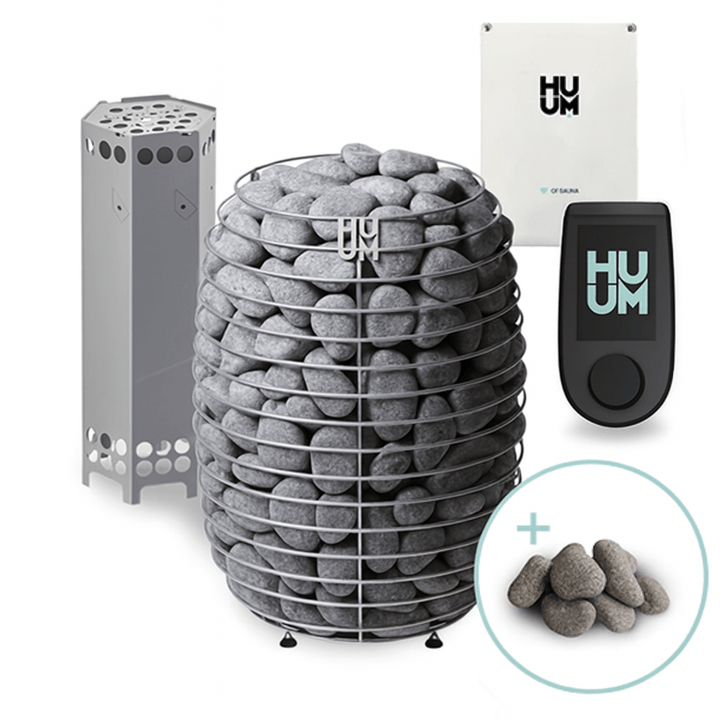 HUUM HIVE sauna heater with a stone basket, control panel, and additional stones for creating steam