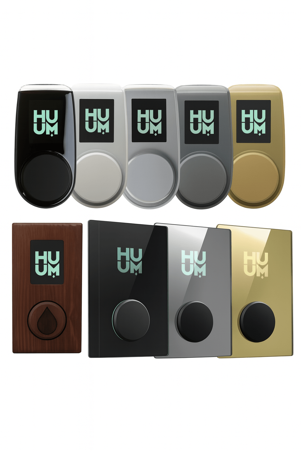 Variety of HUUM HIVE sauna heater package controls in different colors and finishes for customization
