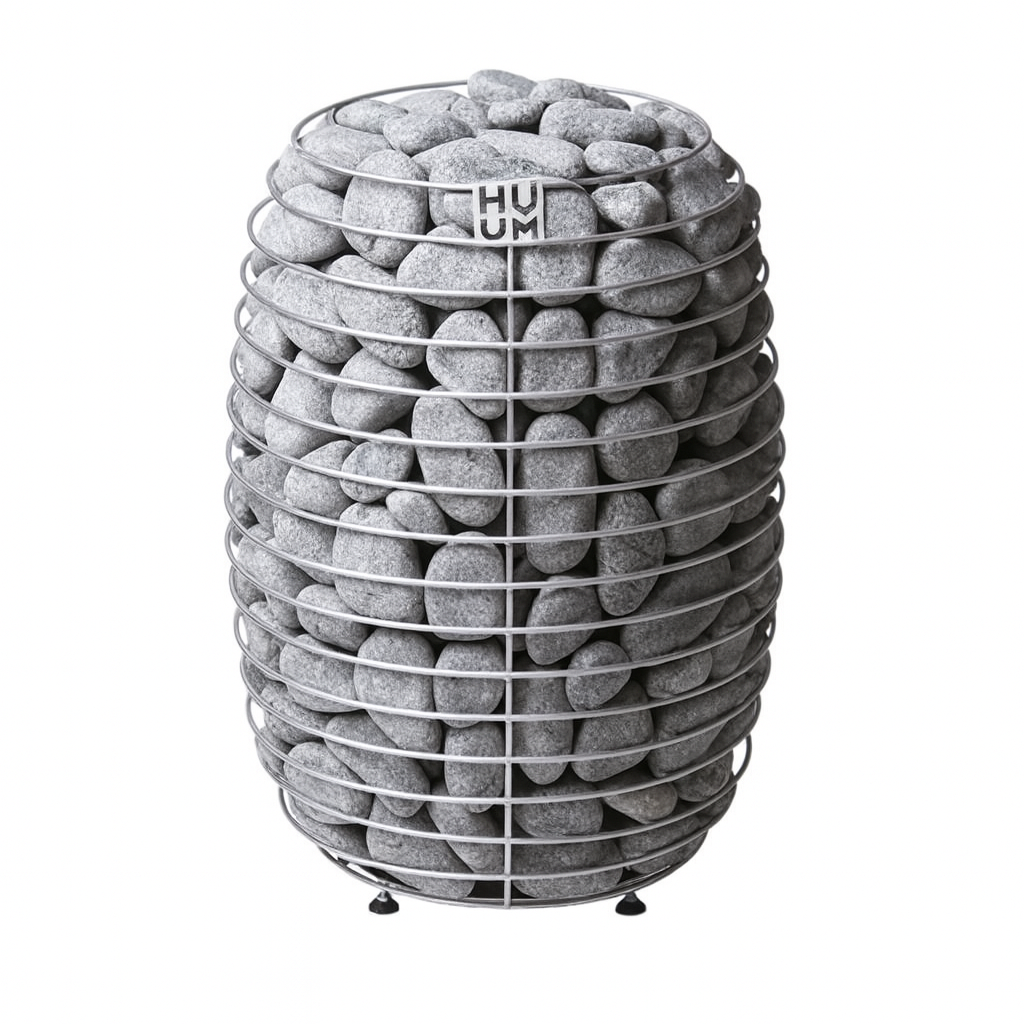 HUUM HIVE sauna heater package with cylindrical metal frame filled with sauna stones