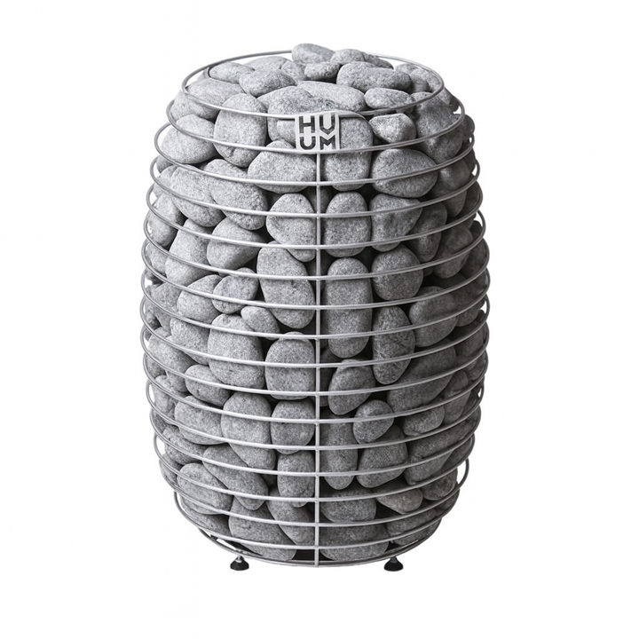 HUUM HIVE sauna heater package with cylindrical metal frame filled with sauna stones