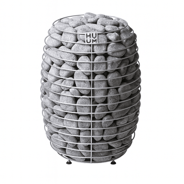 HUUM HIVE sauna heater package featuring a sleek design with stacked stones for optimal heat retention