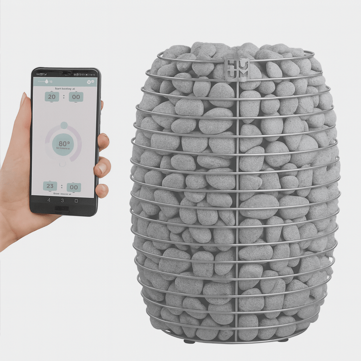 HUUM HIVE sauna heater with a stone design and remote control app for easy temperature adjustment
