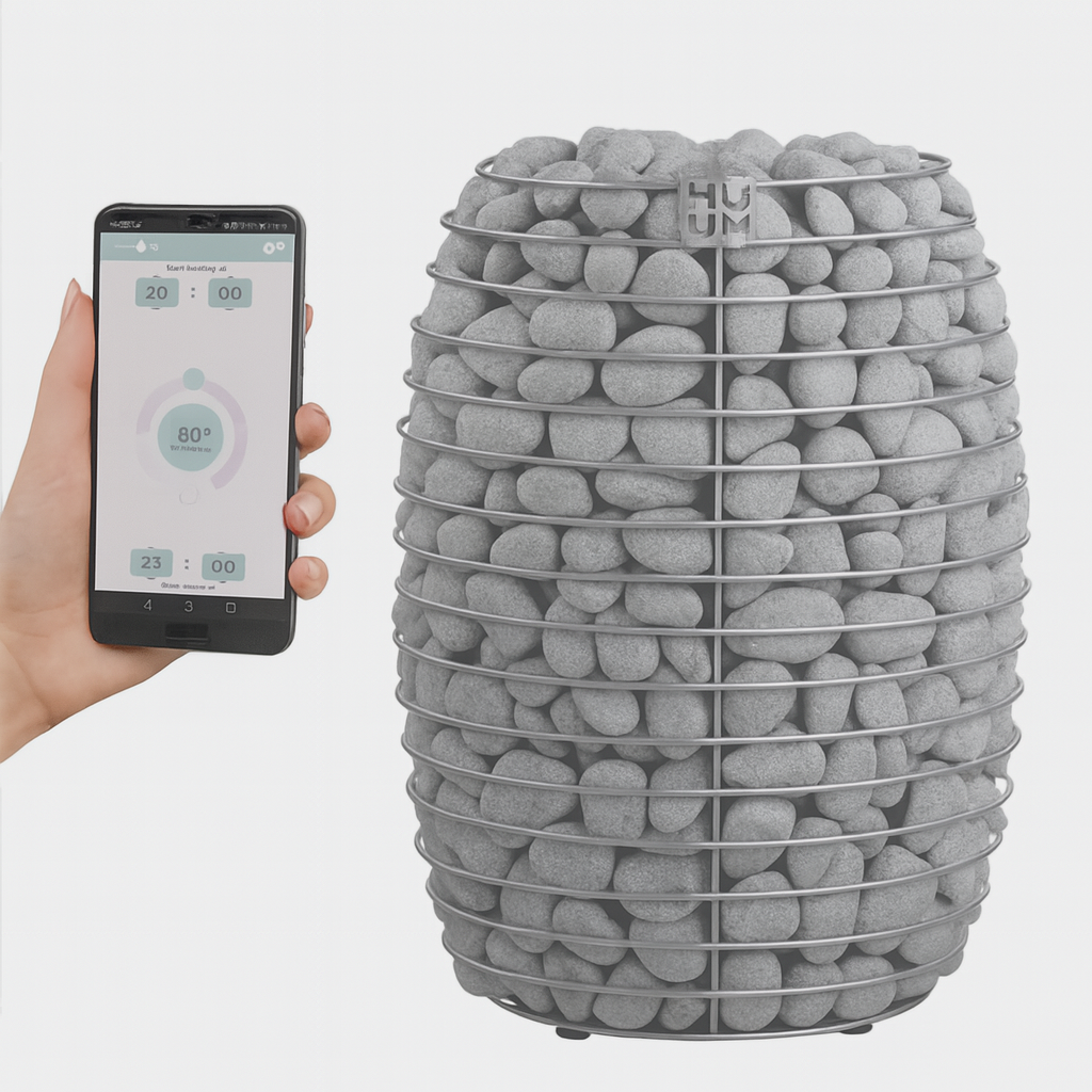 HUUM HIVE sauna heater with metal frame filled with sauna stones next to a smartphone showing temperature control app