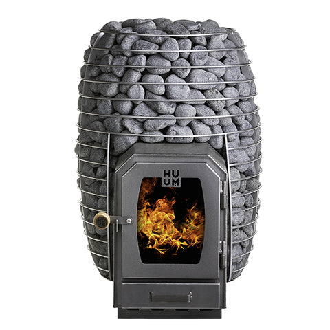 HUUM HIVE Wood 17kW sauna stove with glass door showing flames and stone-filled outer cage