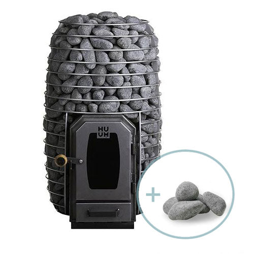 HUUM HIVE wood sauna stove with metal cage filled with sauna stones, black door sauna heater