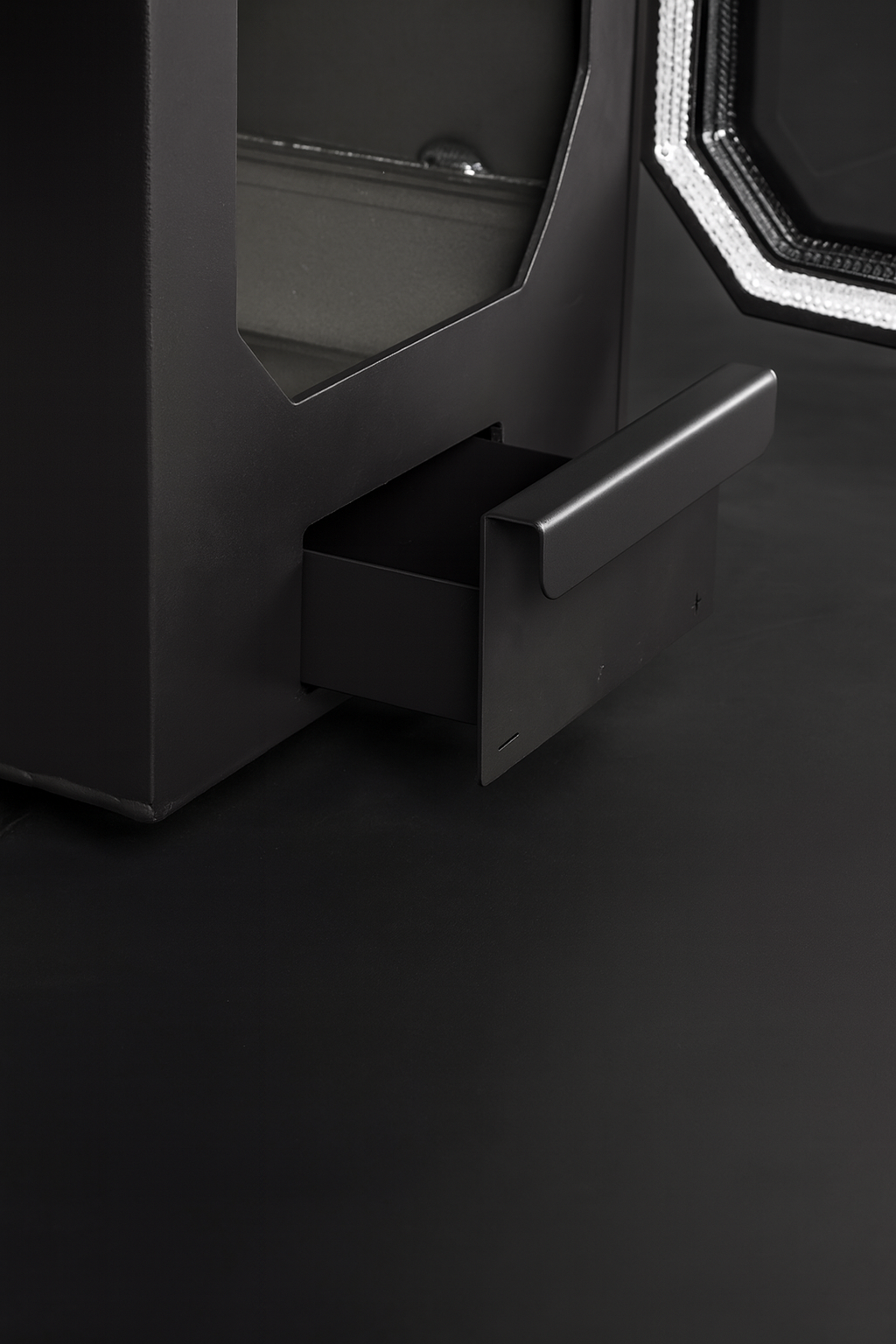 HUUM black metal home sauna heater package with modern drawer and sleek design